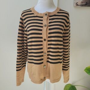 Striped‎ Cardigan Sweater Button Down Knit Top Tan Black Neutral Large Chic Fall